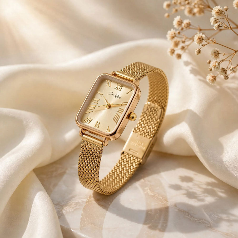 Sunlifex Women's Vintage Square Watch – Gold Mesh Strap