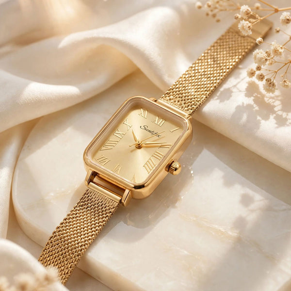 Sunlifex Women's Vintage Square Watch – Gold Mesh Strap