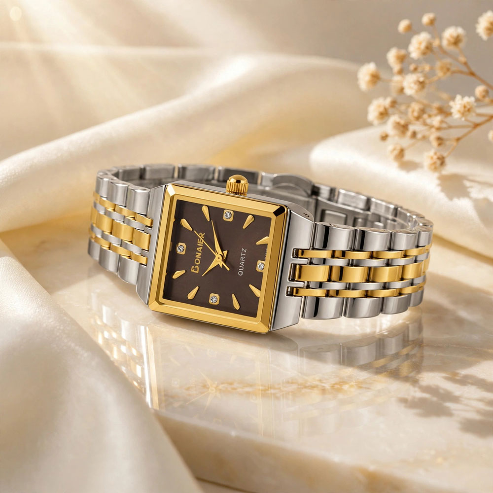 Bonaier Square Diamond Watch for Women – Black Dial – Two Tone