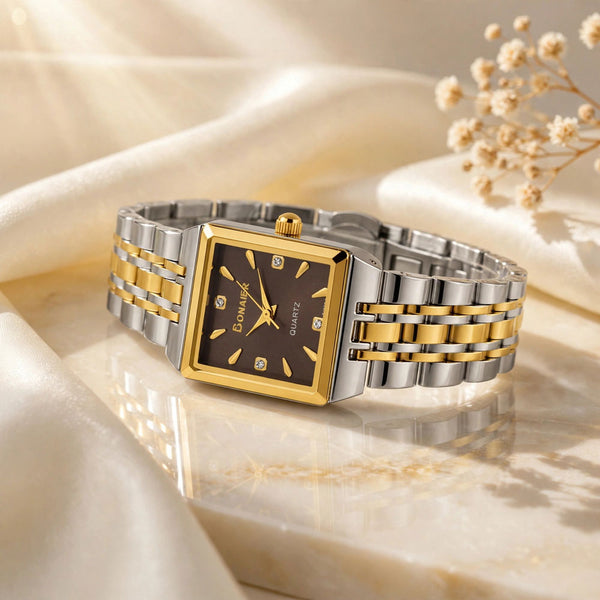 Bonaier Square Diamond Watch for Women – Black Dial – Two Tone