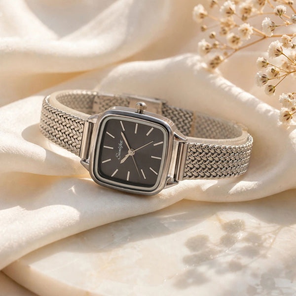 Sunlifex Women's Vintage Square Watch – Black-dial Silver Mesh Strap