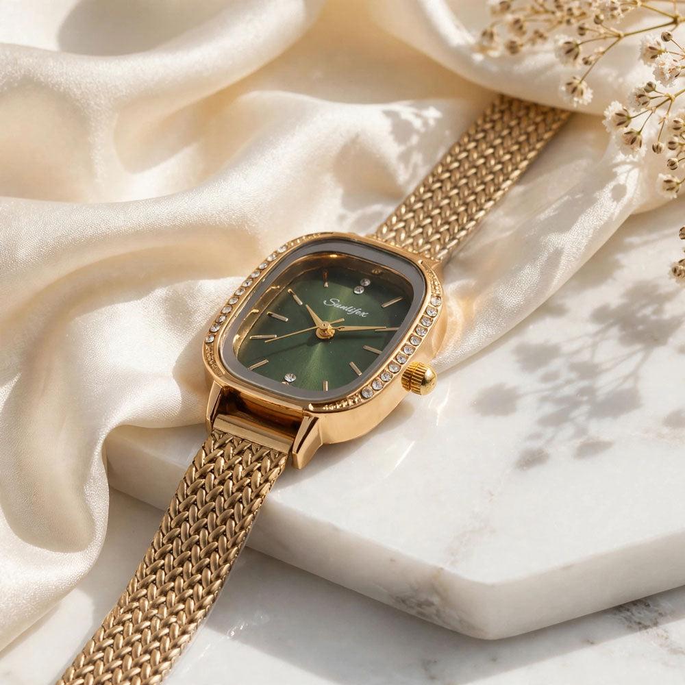 Sunlifex Women's Vintage Square Watch – Green dial Gold Mesh Strap