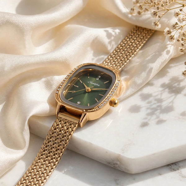 Sunlifex Women's Vintage Square Watch – Green dial Gold Mesh Strap
