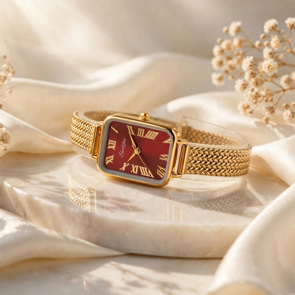 Sunlifex Women's Vintage Square Watch – Red dial Gold Mesh Strap