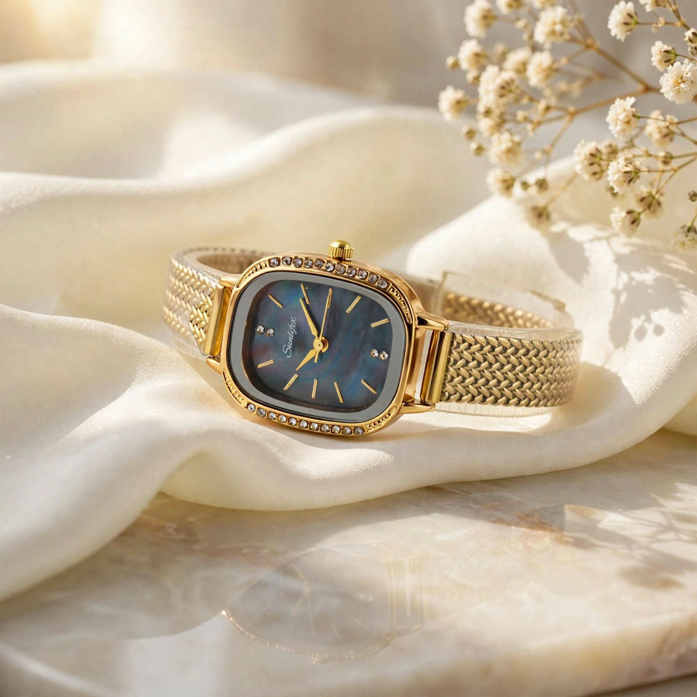 Sunlifex Women's Vintage Square Watch – Green dial Gold Mesh Strap