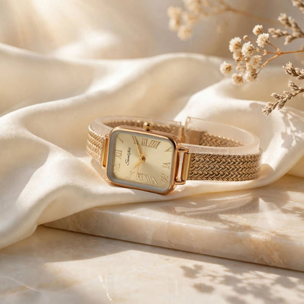 Sunlifex Women's Vintage Square Watch – Gold Mesh Strap