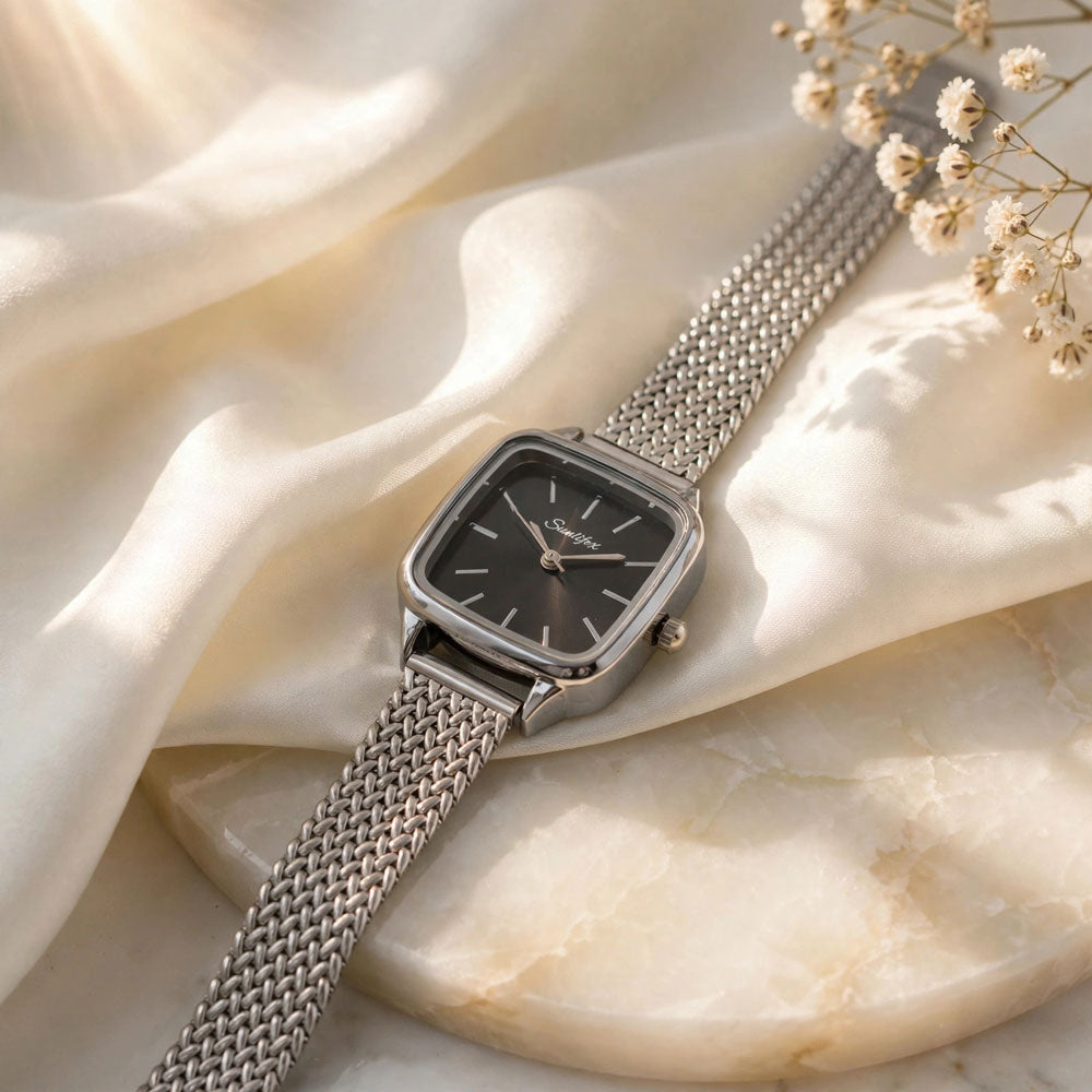 Sunlifex Women's Vintage Square Watch – Black dial Silver Mesh Strap
