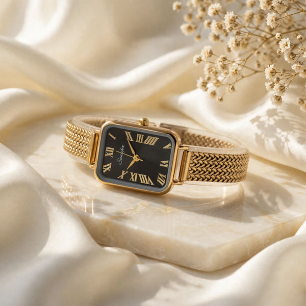 Sunlifex Women's Vintage Square Watch – Gold Mesh Strap