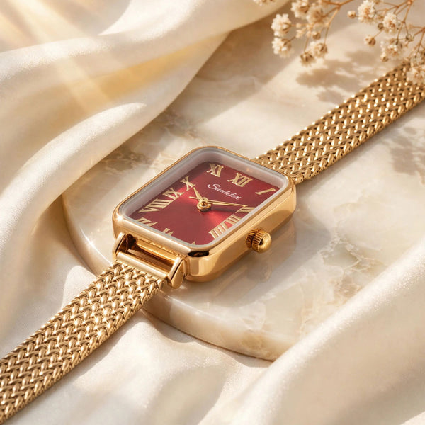 Sunlifex Women's Vintage Square Watch – Red dial Gold Mesh Strap