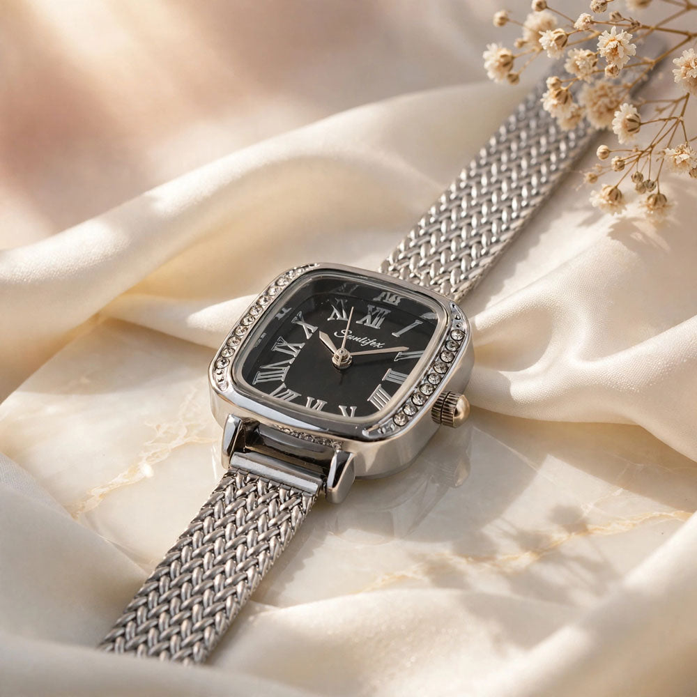 Sunlifex Women's Vintage Square Watch – Black dial Silver Mesh Strap