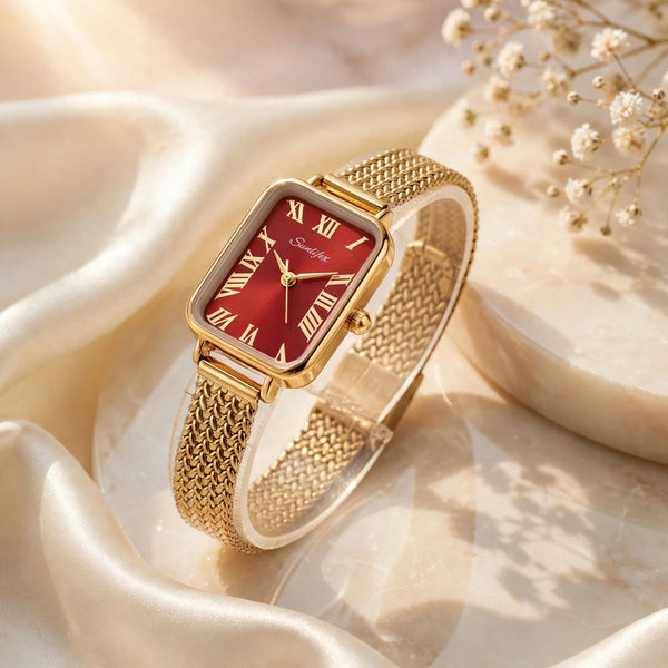 Sunlifex Women's Vintage Square Watch – Red dial Gold Mesh Strap
