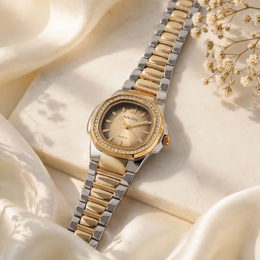Sunlifex Two-Tone Diamond Watch for Women – Silver Gold – Grey Dial