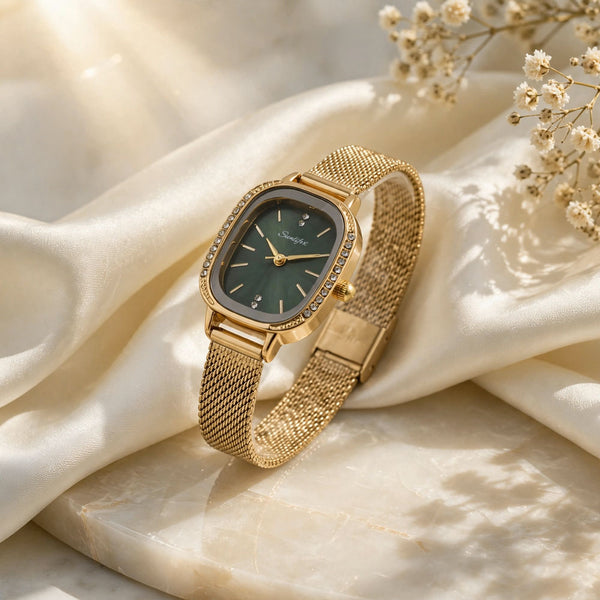Sunlifex Women's Vintage Square Watch – Green dial Gold Mesh Strap