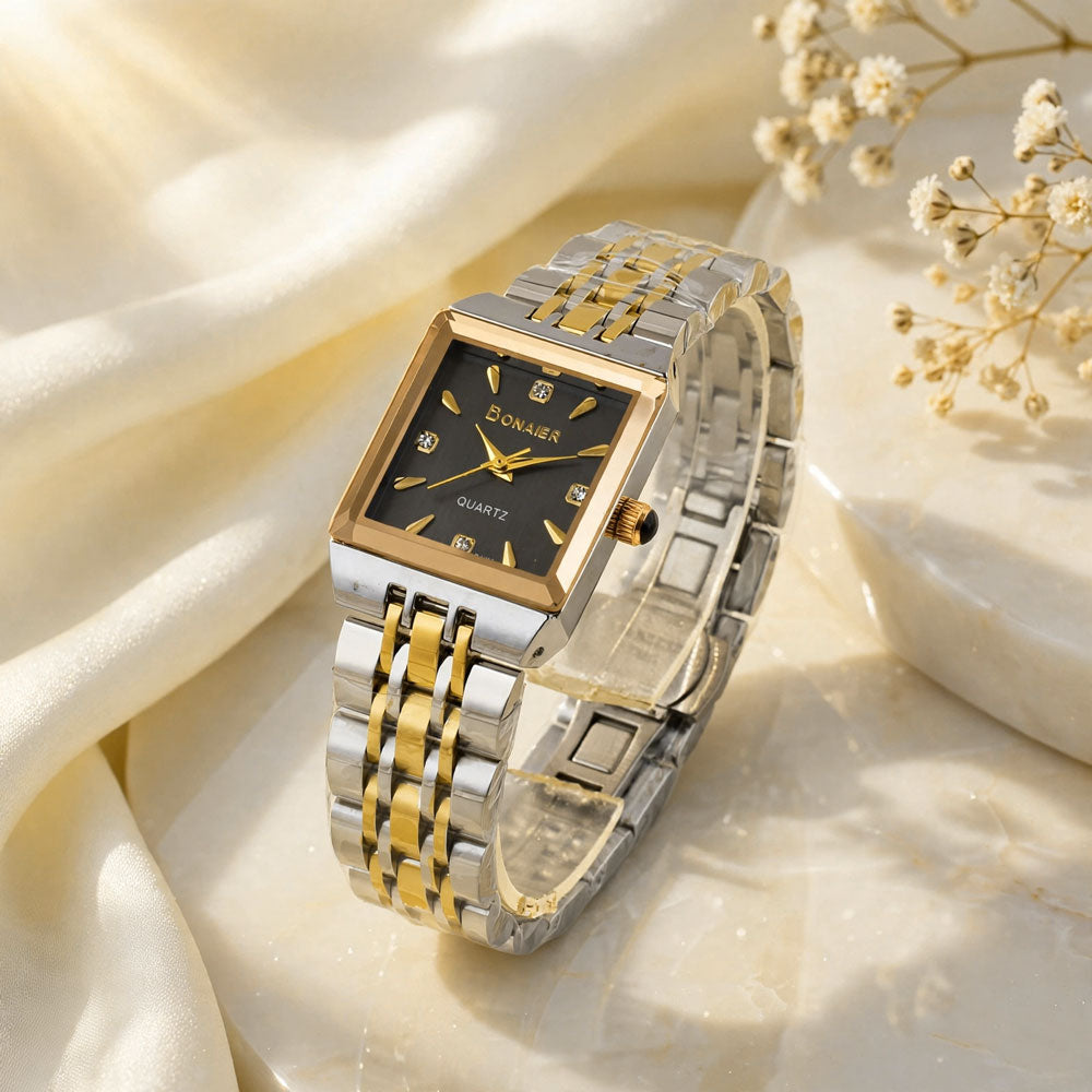 Bonaier Square Diamond Watch for Women – Black Dial – Two Tone