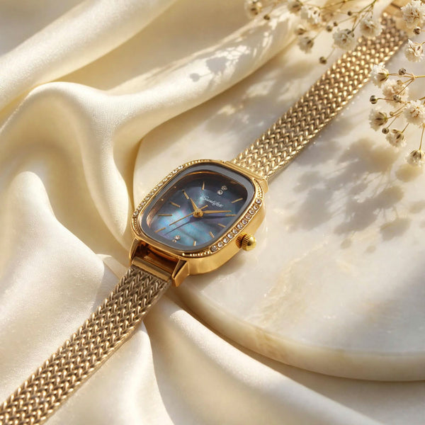 Sunlifex Women's Vintage Square Watch – blue mother-of-pearl dial Gold Mesh Strap