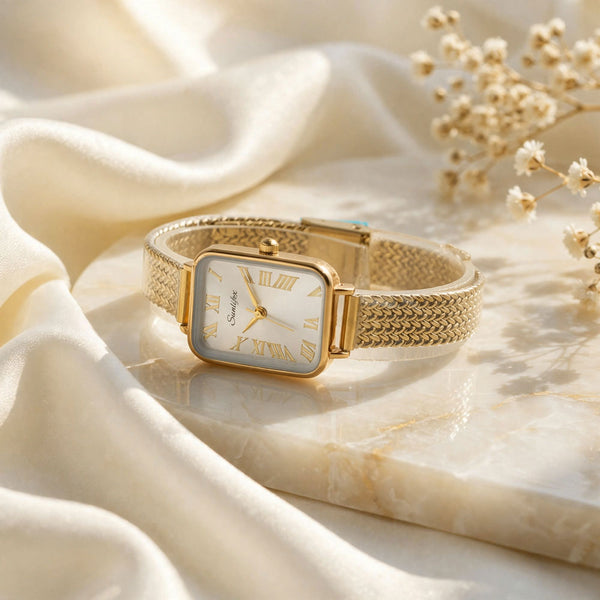 Sunlifex Women's Vintage Square Watch – Gold Mesh Strap