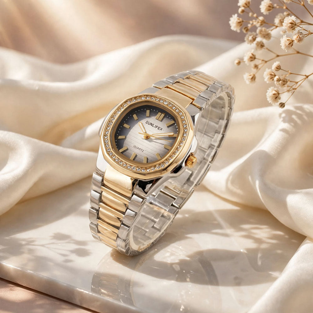 Sunlifex Two-Tone Diamond Watch for Women – Silver Gold – Grey Dial