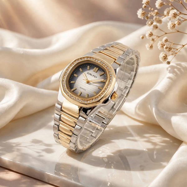 Sunlifex Two-Tone Diamond Watch for Women – Silver Gold – Grey Dial