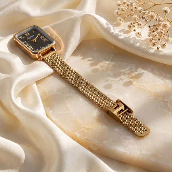 Sunlifex Women's Vintage Square Watch – Gold Mesh Strap