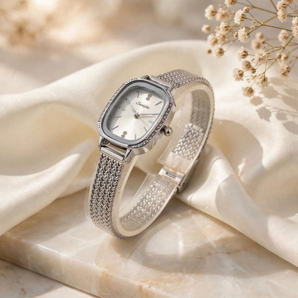 Sunlifex Women's Vintage Square Watch – Silver Mesh Strap
