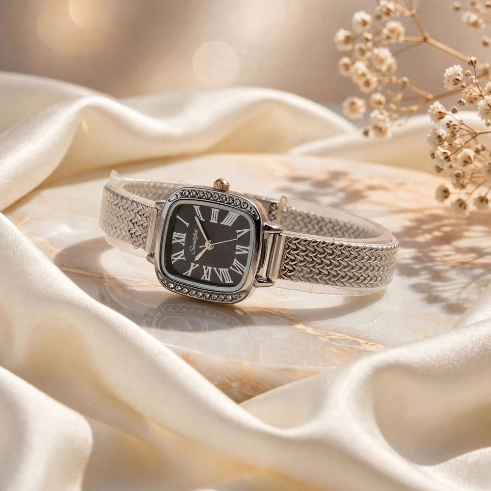 Sunlifex Women's Vintage Square Watch – Black dial Silver Mesh Strap