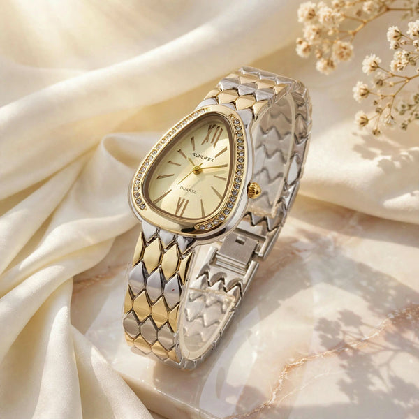 Sunlifex Teardrop Diamond Watch for Women – Champagne Dial – Two Tone