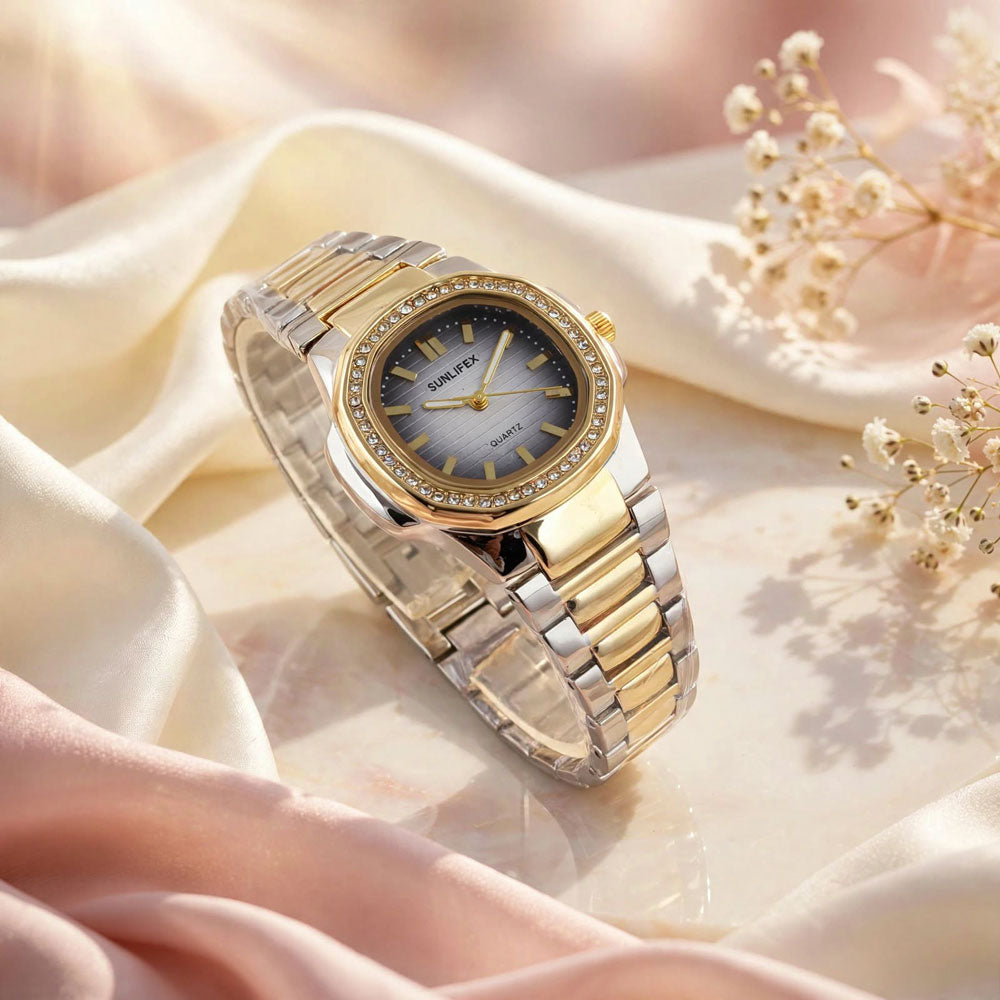 Sunlifex Two-Tone Diamond Watch for Women – Silver Gold – Grey Dial