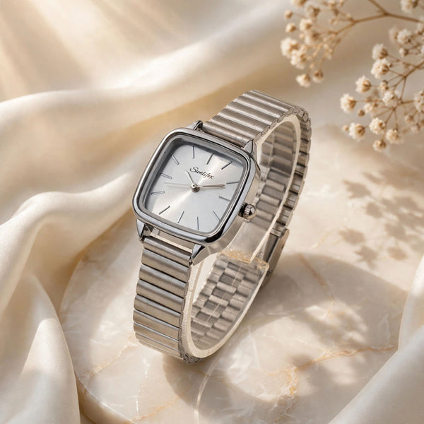 Sunlifex Women's Vintage Square Watch – Silver Mesh Strap