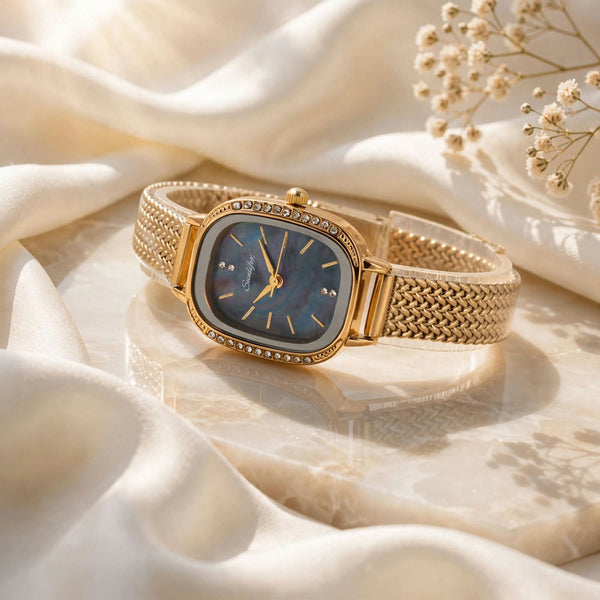 Sunlifex Women's Vintage Square Watch – blue mother-of-pearl dial Gold Mesh Strap