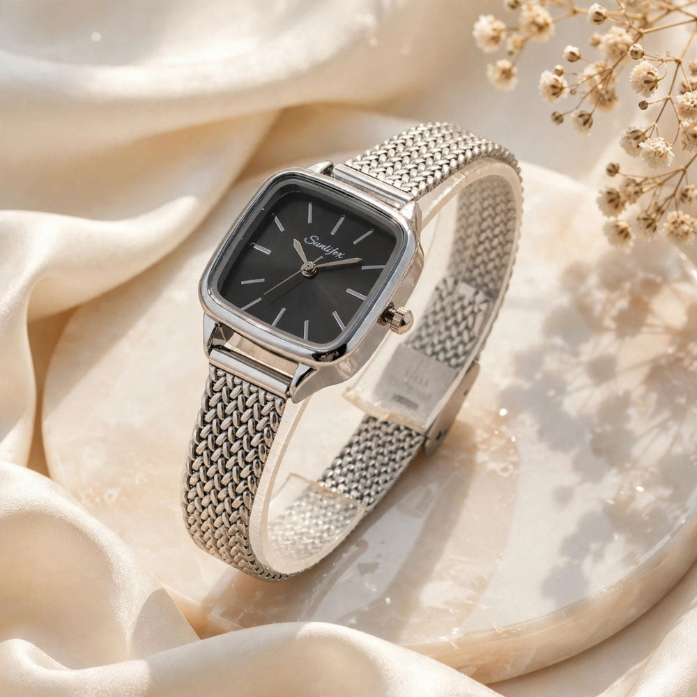 Sunlifex Women's Vintage Square Watch – Black-dial Silver Mesh Strap