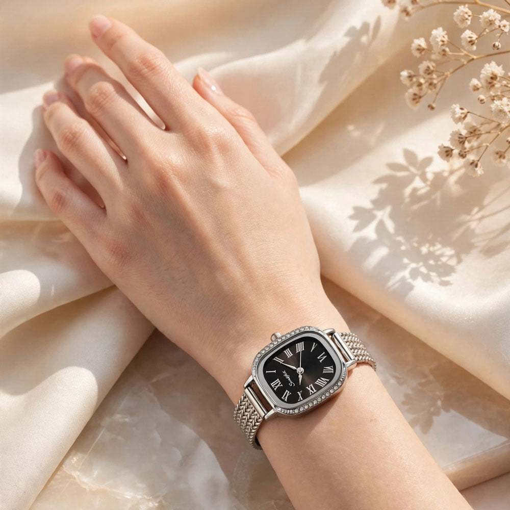 Sunlifex Women's Vintage Square Watch – Black dial Silver Mesh Strap
