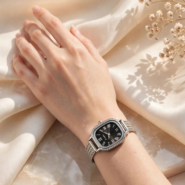 Sunlifex Women's Vintage Square Watch – Black dial Silver Mesh Strap