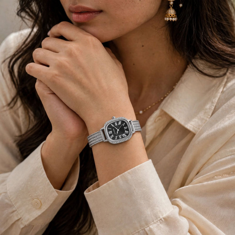 Sunlifex Women's Vintage Square Watch – Black dial Silver Mesh Strap