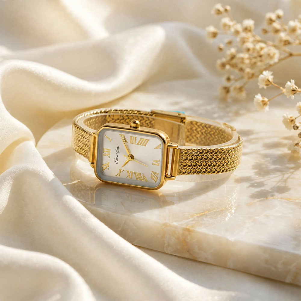 Sunlifex Women's Vintage Square Watch – Gold Mesh Strap