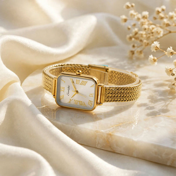 Sunlifex Women's Vintage Square Watch – Gold Mesh Strap