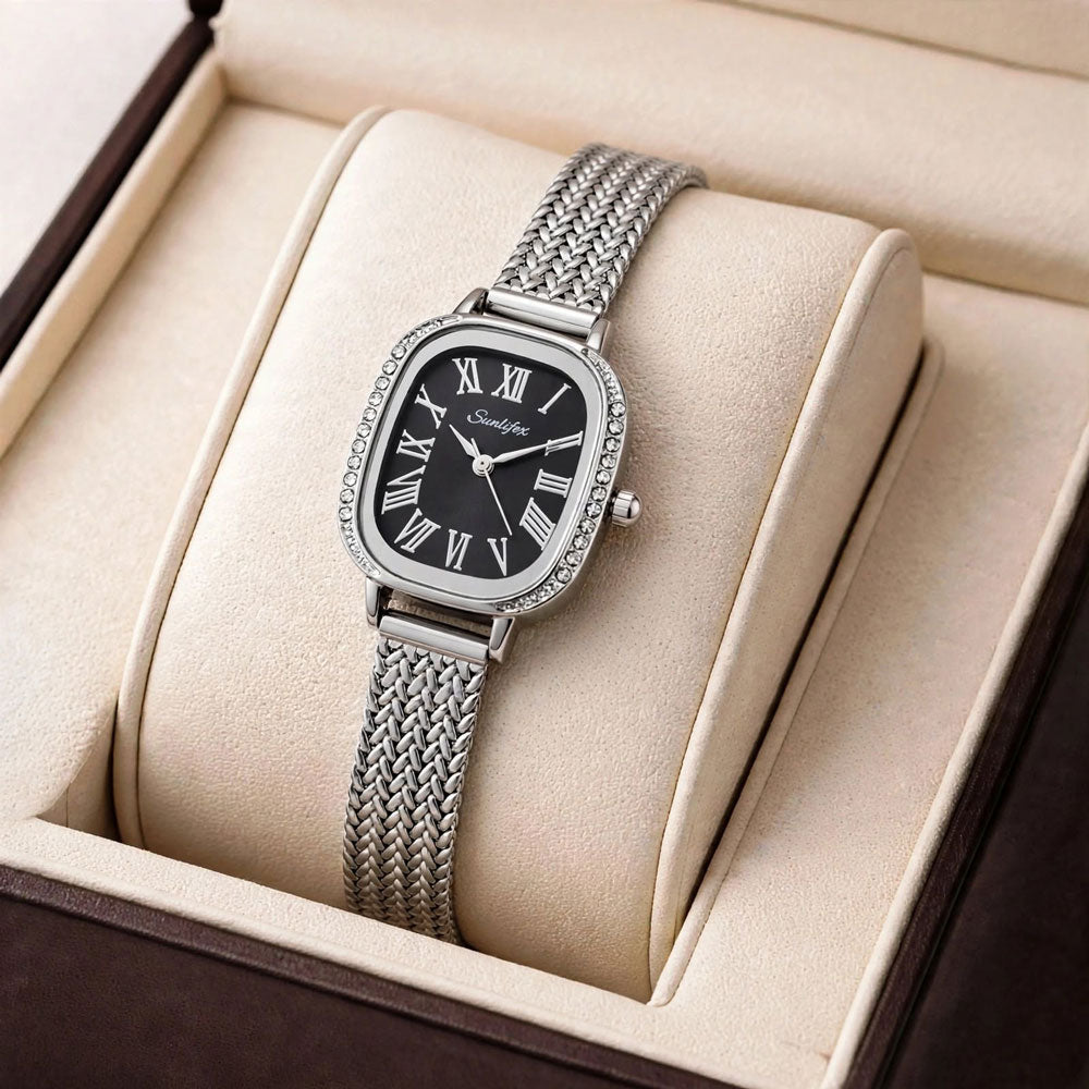 Sunlifex Women's Vintage Square Watch – Black dial Silver Mesh Strap