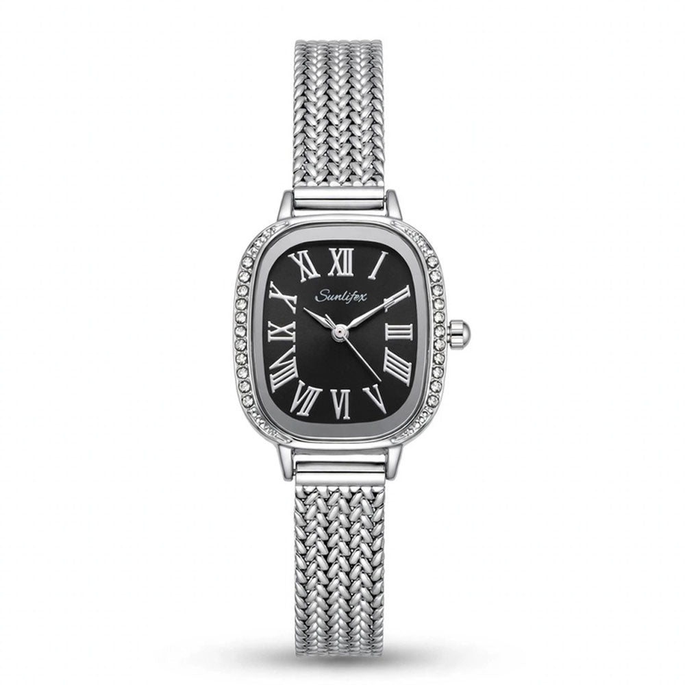 Sunlifex Women's Vintage Square Watch – Black dial Silver Mesh Strap Main image