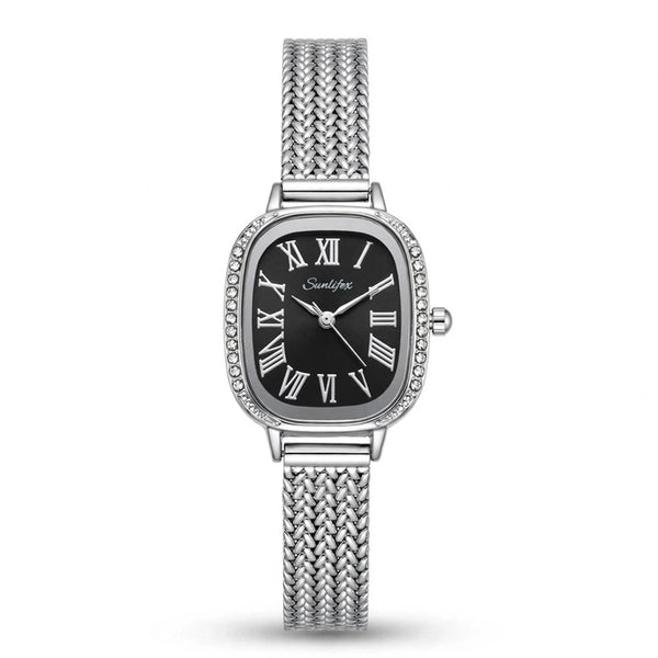 Sunlifex Women's Vintage Square Watch – Black dial Silver Mesh Strap
