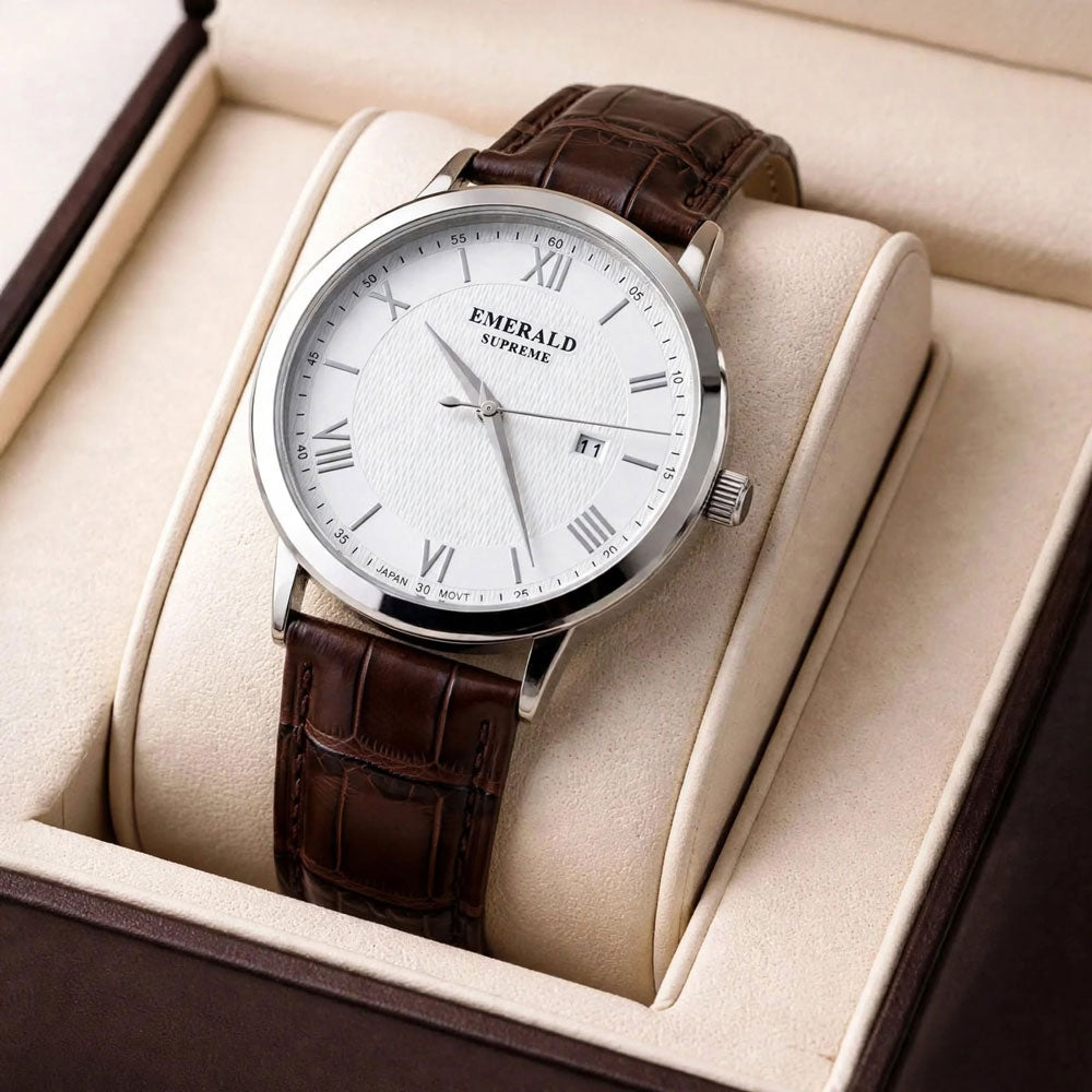 Emerald Classic Pearl ES-9001 White Dial Brown Leather Men's Watch Secondary image