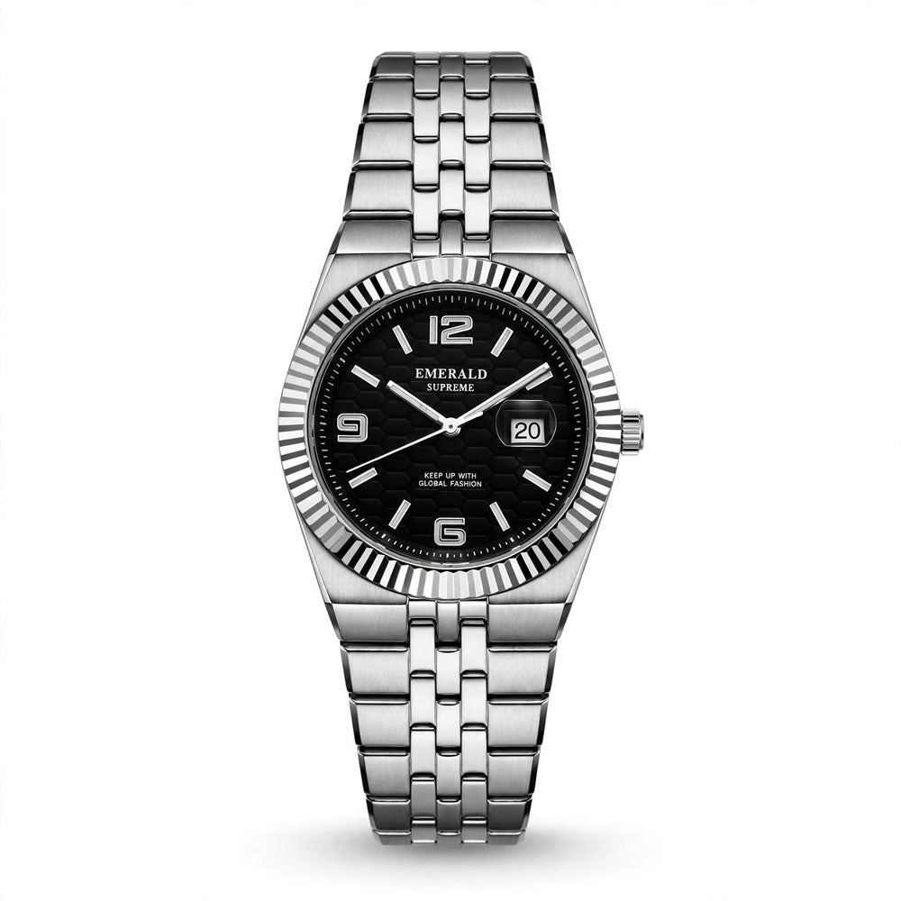 Emerald Land-Dweller ES-4095 Black Dial silver Bracelet Men's Watch