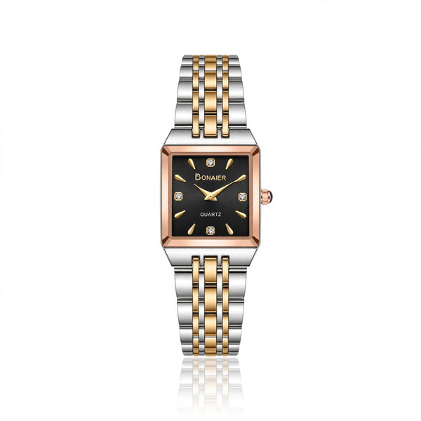 Bonaier Square Diamond Watch for Women – Black Dial – Two Tone