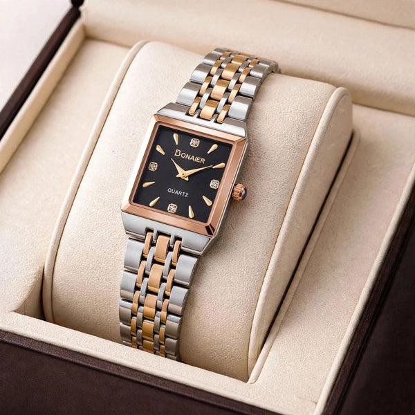Bonaier Square Diamond Watch for Women – Black Dial – Two Tone