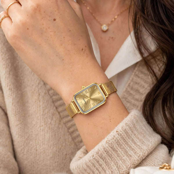 Sunlifex Women's Vintage Square Watch – Gold Mesh Strap