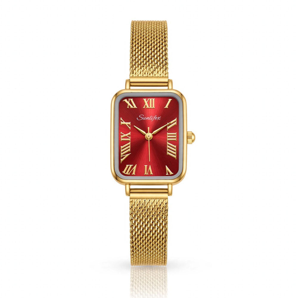 Sunlifex Women's Vintage Square Watch – Red dial Gold Mesh Strap
