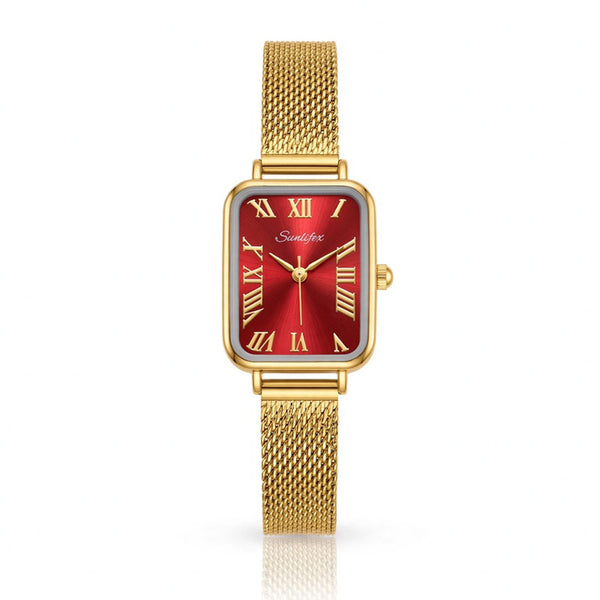 Sunlifex Women's Vintage Square Watch – Red dial Gold Mesh Strap