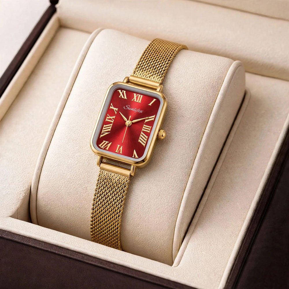 Sunlifex Women's Vintage Square Watch – Red dial Gold Mesh Strap