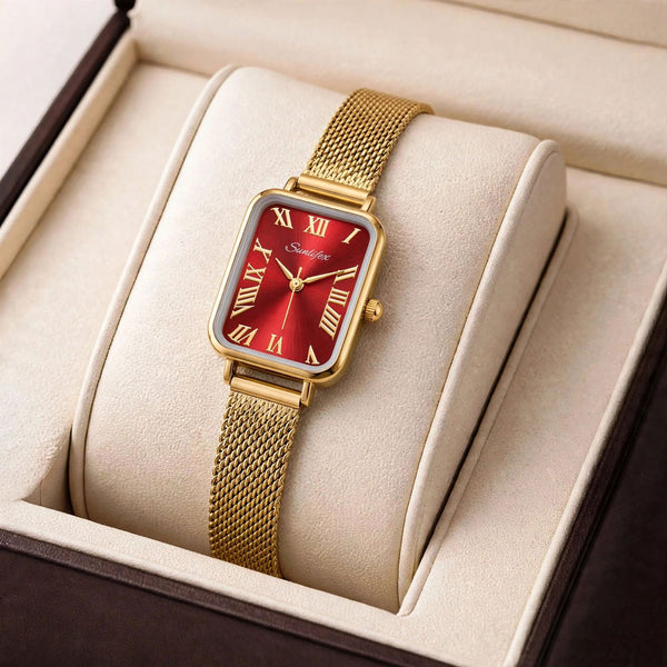 Sunlifex Women's Vintage Square Watch – Red dial Gold Mesh Strap