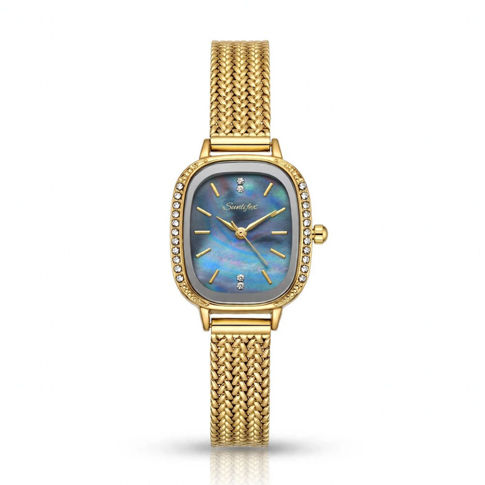 Sunlifex Women's Vintage Square Watch – blue mother-of-pearl dial Gold Mesh Strap