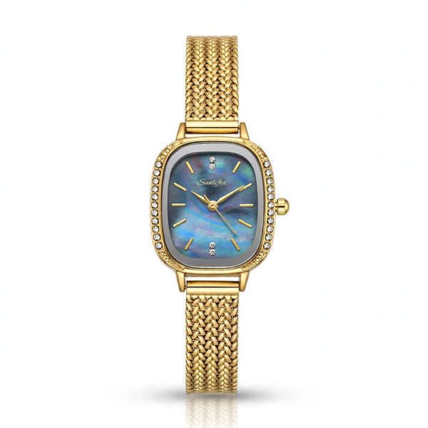 Sunlifex Women's Vintage Square Watch – blue mother-of-pearl dial Gold Mesh Strap