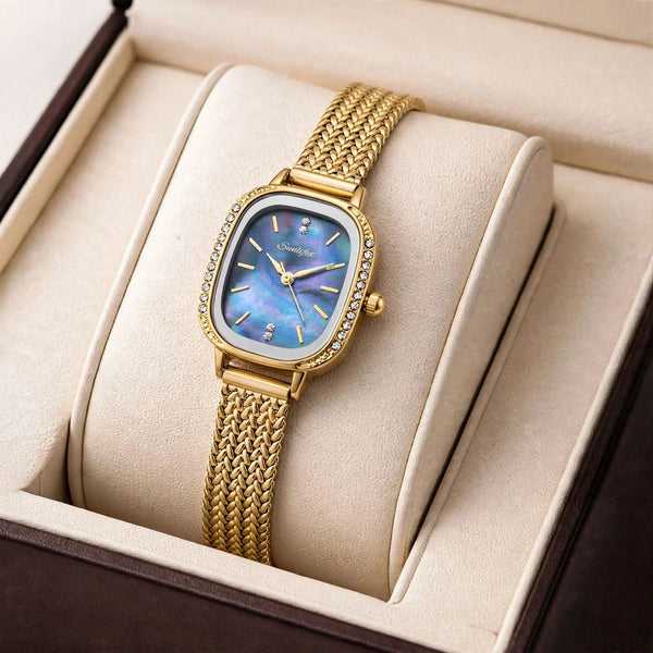 Sunlifex Women's Vintage Square Watch – blue mother-of-pearl dial Gold Mesh Strap